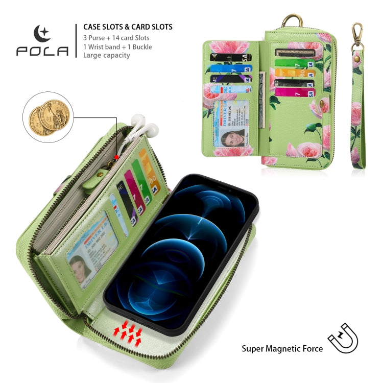 For iPhone 12 Pro Max POLA MagSafe Flower Multi-functional Zipper Wallet Leather Phone Case(Green) - iPhone 12 Pro Max Cases by buy2fix | Online Shopping UK | buy2fix