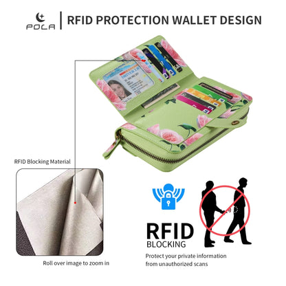 For iPhone 12 Pro Max POLA MagSafe Flower Multi-functional Zipper Wallet Leather Phone Case(Green) - iPhone 12 Pro Max Cases by buy2fix | Online Shopping UK | buy2fix