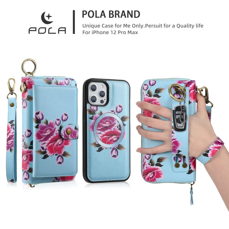 For iPhone 12 Pro Max POLA MagSafe Flower Multi-functional Zipper Wallet Leather Phone Case(Sky Blue) - iPhone 12 Pro Max Cases by buy2fix | Online Shopping UK | buy2fix