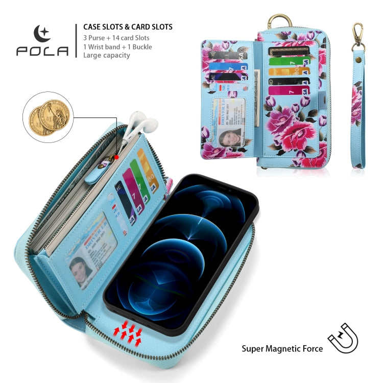 For iPhone 12 Pro Max POLA MagSafe Flower Multi-functional Zipper Wallet Leather Phone Case(Sky Blue) - iPhone 12 Pro Max Cases by buy2fix | Online Shopping UK | buy2fix