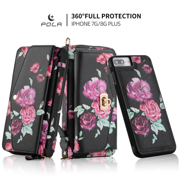 For iPhone 7 / 8 / SE 2022 POLA Flower Multi-functional Crossbody Zipper Wallet Leather Phone Case(Black) - iPhone SE 2022 / 2020 / 8 / 7 Cases by buy2fix | Online Shopping UK | buy2fix