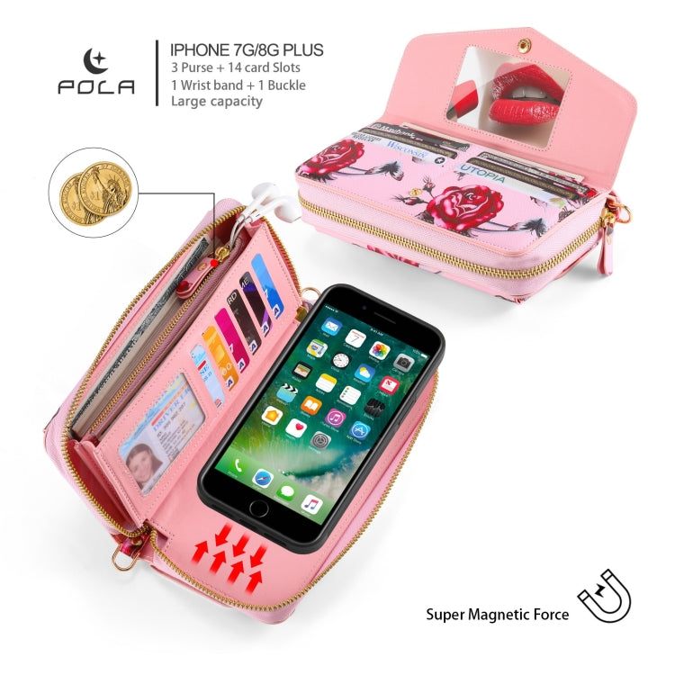 For iPhone 7 / 8 / SE 2022 POLA Flower Multi-functional Crossbody Zipper Wallet Leather Phone Case(Pink) - iPhone SE 2022 / 2020 / 8 / 7 Cases by buy2fix | Online Shopping UK | buy2fix
