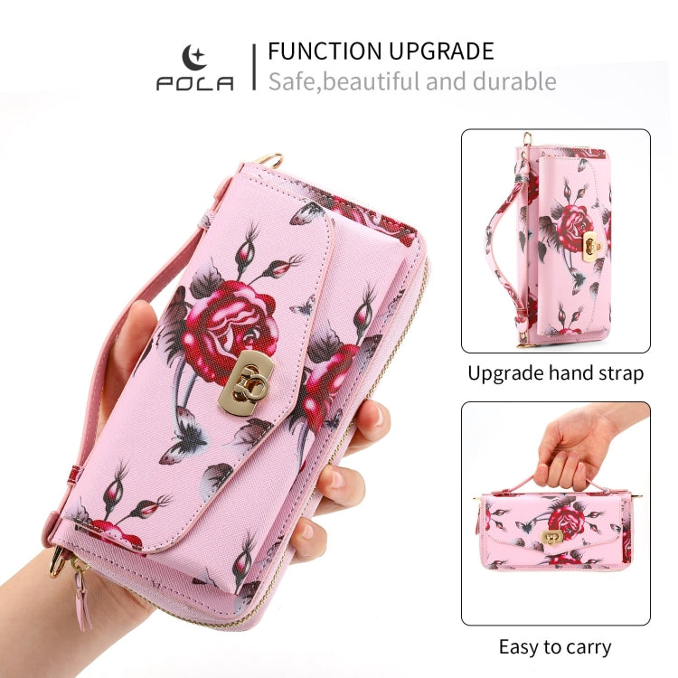 For iPhone 7 / 8 / SE 2022 POLA Flower Multi-functional Crossbody Zipper Wallet Leather Phone Case(Pink) - iPhone SE 2022 / 2020 / 8 / 7 Cases by buy2fix | Online Shopping UK | buy2fix