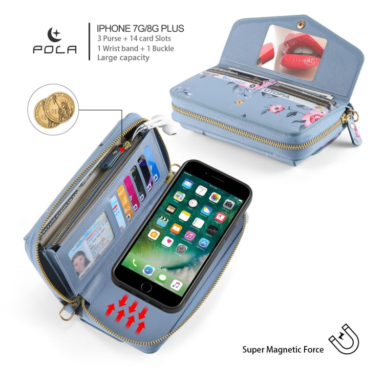 For iPhone 7 / 8 / SE 2022 POLA Flower Multi-functional Crossbody Zipper Wallet Leather Phone Case(Blue) - iPhone SE 2022 / 2020 / 8 / 7 Cases by buy2fix | Online Shopping UK | buy2fix
