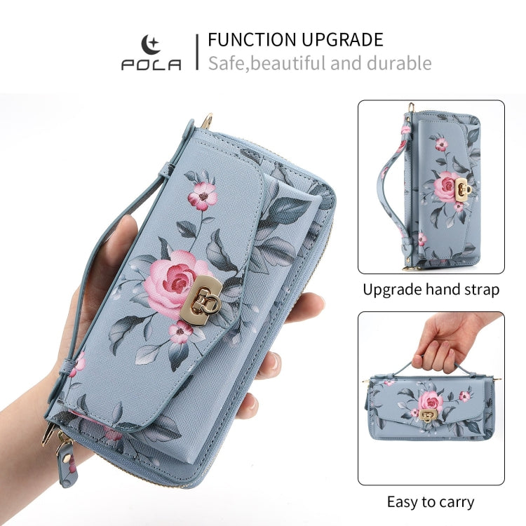 For iPhone 7 / 8 / SE 2022 POLA Flower Multi-functional Crossbody Zipper Wallet Leather Phone Case(Blue) - iPhone SE 2022 / 2020 / 8 / 7 Cases by buy2fix | Online Shopping UK | buy2fix