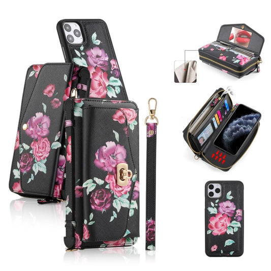For iPhone 11 Pro Max POLA Flower Multi-functional Crossbody Zipper Wallet Leather Phone Case(Black) - iPhone 11 Pro Max Cases by buy2fix | Online Shopping UK | buy2fix