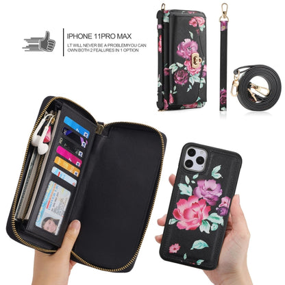 For iPhone 11 Pro Max POLA Flower Multi-functional Crossbody Zipper Wallet Leather Phone Case(Black) - iPhone 11 Pro Max Cases by buy2fix | Online Shopping UK | buy2fix