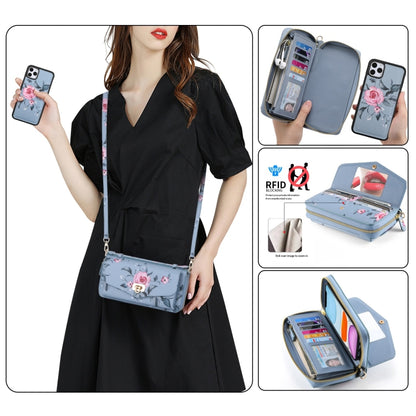 For iPhone 11 Pro Max POLA Flower Multi-functional Crossbody Zipper Wallet Leather Phone Case(Blue) - iPhone 11 Pro Max Cases by buy2fix | Online Shopping UK | buy2fix
