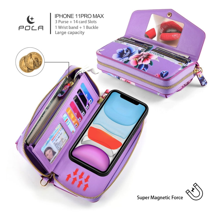 For iPhone 11 Pro Max POLA Flower Multi-functional Crossbody Zipper Wallet Leather Phone Case(Purple) - iPhone 11 Pro Max Cases by buy2fix | Online Shopping UK | buy2fix