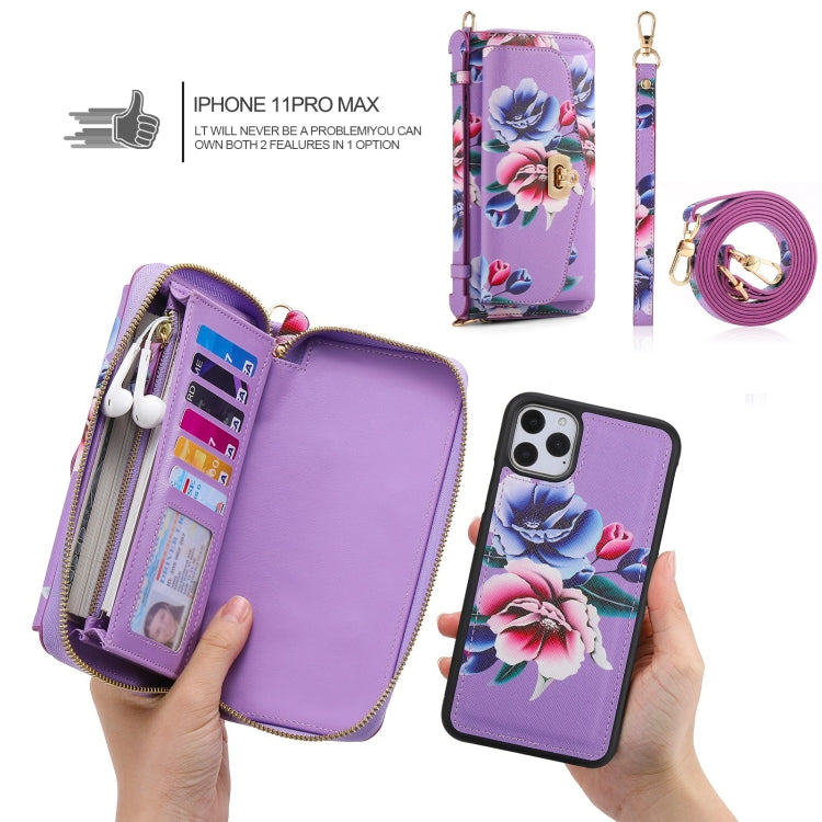 For iPhone 11 Pro Max POLA Flower Multi-functional Crossbody Zipper Wallet Leather Phone Case(Purple) - iPhone 11 Pro Max Cases by buy2fix | Online Shopping UK | buy2fix