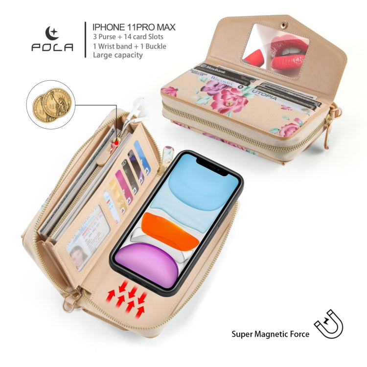For iPhone 11 Pro Max POLA Flower Multi-functional Crossbody Zipper Wallet Leather Phone Case(Yellow) - iPhone 11 Pro Max Cases by buy2fix | Online Shopping UK | buy2fix