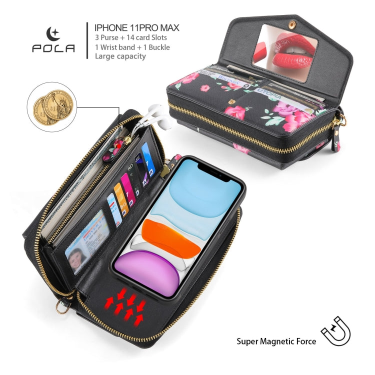 For iPhone 11 POLA Flower Multi-functional Crossbody Zipper Wallet Leather Phone Case(Black) - iPhone 11 Cases by buy2fix | Online Shopping UK | buy2fix