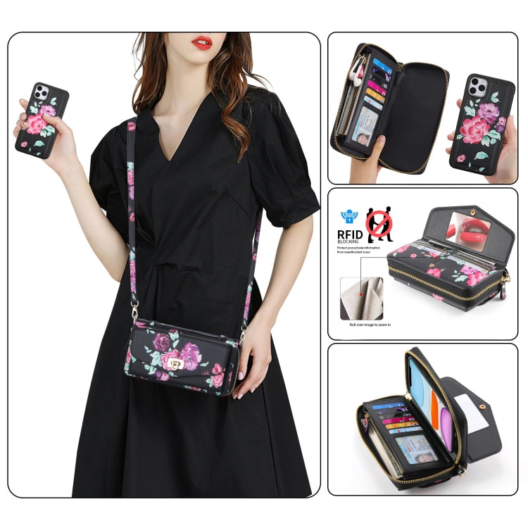 For iPhone 11 POLA Flower Multi-functional Crossbody Zipper Wallet Leather Phone Case(Black) - iPhone 11 Cases by buy2fix | Online Shopping UK | buy2fix
