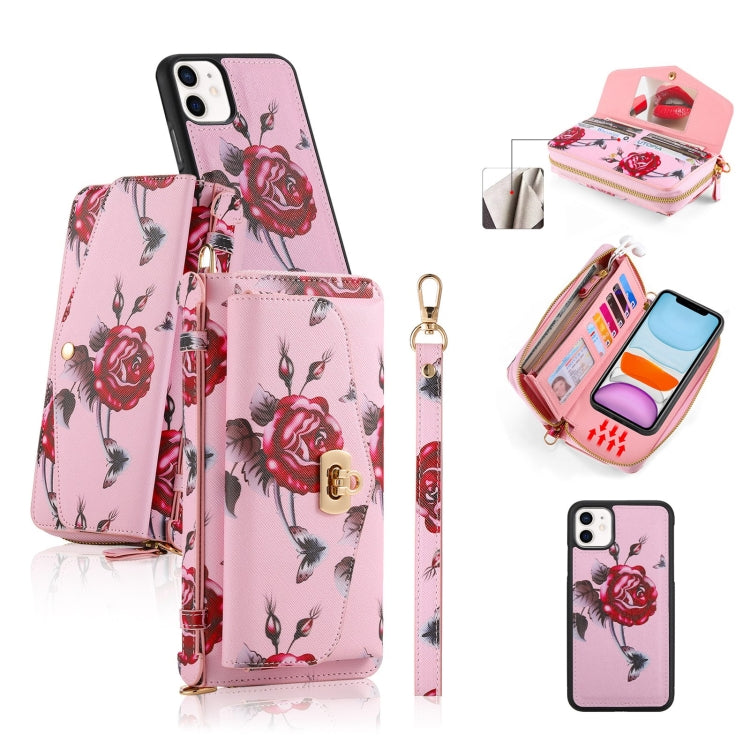 For iPhone 11 POLA Flower Multi-functional Crossbody Zipper Wallet Leather Phone Case(Pink) - iPhone 11 Cases by buy2fix | Online Shopping UK | buy2fix