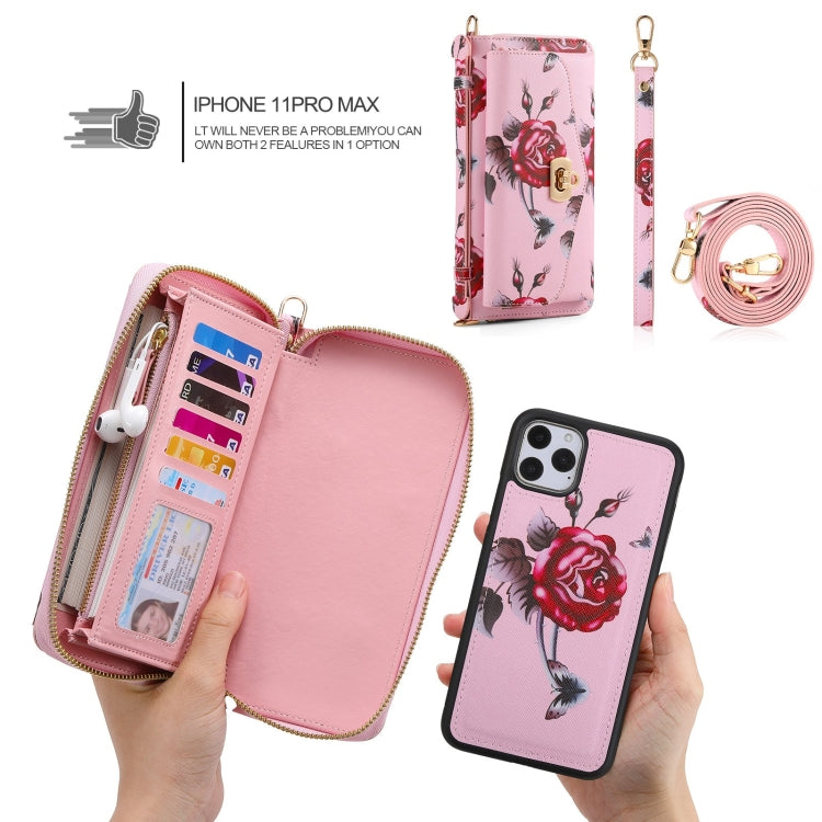 For iPhone 11 POLA Flower Multi-functional Crossbody Zipper Wallet Leather Phone Case(Pink) - iPhone 11 Cases by buy2fix | Online Shopping UK | buy2fix