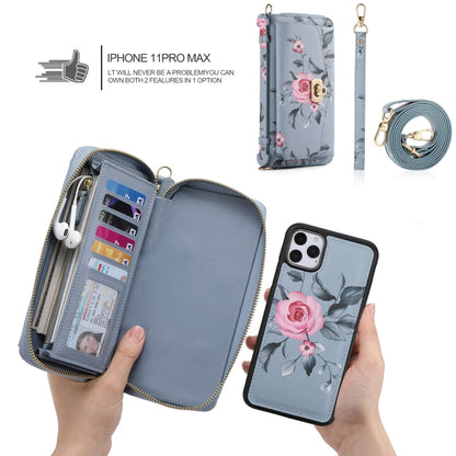 For iPhone 11 POLA Flower Multi-functional Crossbody Zipper Wallet Leather Phone Case(Blue) - iPhone 11 Cases by buy2fix | Online Shopping UK | buy2fix