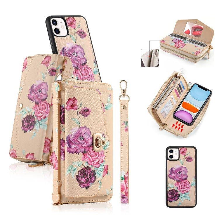 For iPhone 11 POLA Flower Multi-functional Crossbody Zipper Wallet Leather Phone Case(Yellow) - iPhone 11 Cases by buy2fix | Online Shopping UK | buy2fix