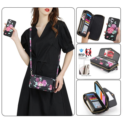 For iPhone 11 Pro POLA Flower Multi-functional Crossbody Zipper Wallet Leather Phone Case(Black) - iPhone 11 Pro Cases by buy2fix | Online Shopping UK | buy2fix