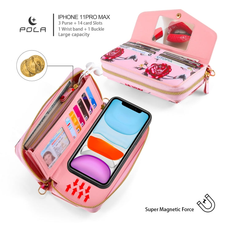 For iPhone 11 Pro POLA Flower Multi-functional Crossbody Zipper Wallet Leather Phone Case(Pink) - iPhone 11 Pro Cases by buy2fix | Online Shopping UK | buy2fix