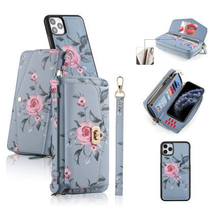 For iPhone 11 Pro POLA Flower Multi-functional Crossbody Zipper Wallet Leather Phone Case(Blue) - iPhone 11 Pro Cases by buy2fix | Online Shopping UK | buy2fix