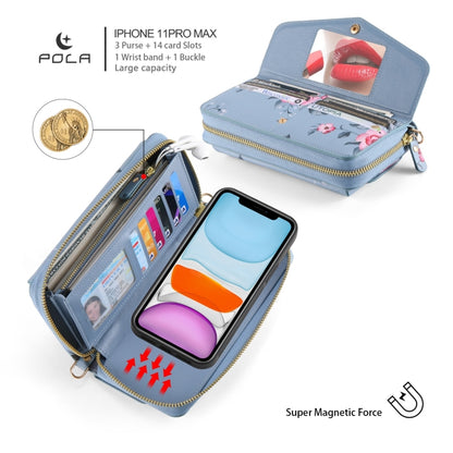 For iPhone 11 Pro POLA Flower Multi-functional Crossbody Zipper Wallet Leather Phone Case(Blue) - iPhone 11 Pro Cases by buy2fix | Online Shopping UK | buy2fix