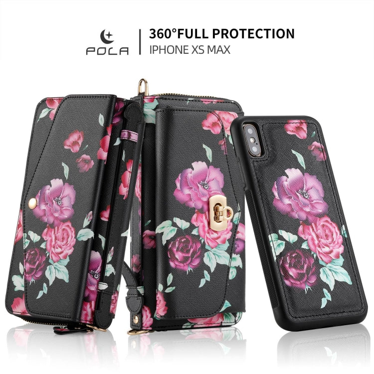 For iPhone X / XS POLA Flower Multi-functional Crossbody Zipper Wallet Leather Phone Case(Black) - More iPhone Cases by buy2fix | Online Shopping UK | buy2fix