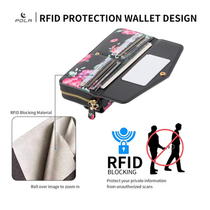 For iPhone X / XS POLA Flower Multi-functional Crossbody Zipper Wallet Leather Phone Case(Black) - More iPhone Cases by buy2fix | Online Shopping UK | buy2fix