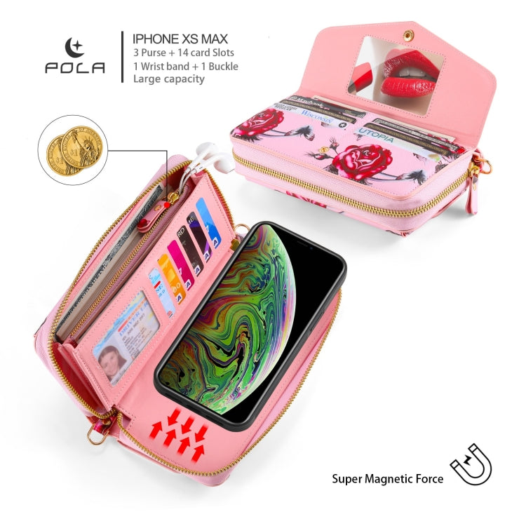 For iPhone X / XS POLA Flower Multi-functional Crossbody Zipper Wallet Leather Phone Case(Pink) - More iPhone Cases by buy2fix | Online Shopping UK | buy2fix