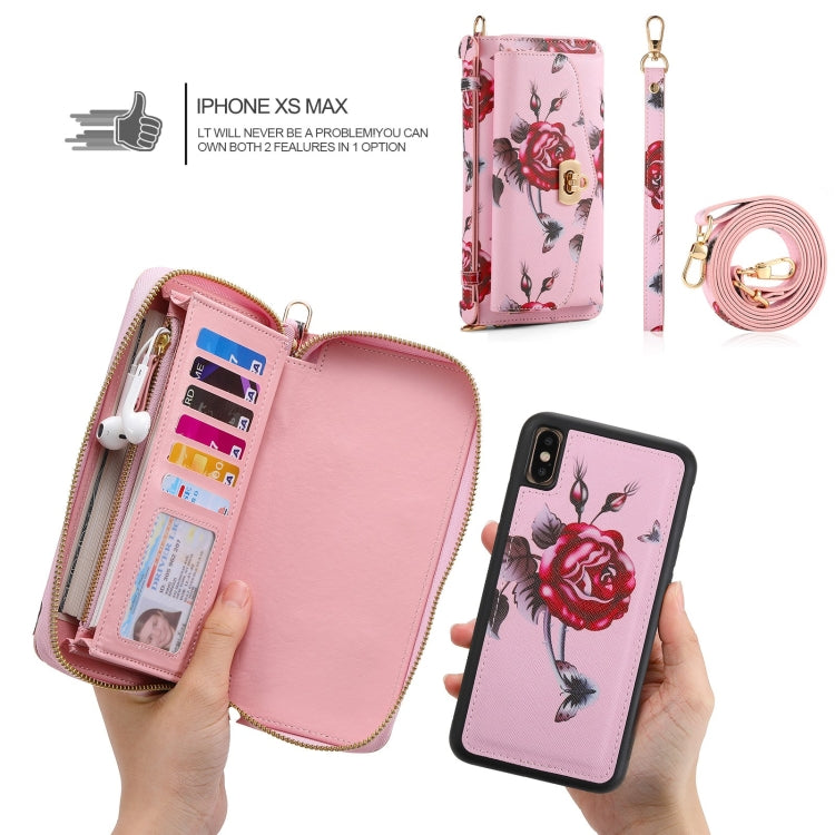 For iPhone X / XS POLA Flower Multi-functional Crossbody Zipper Wallet Leather Phone Case(Pink) - More iPhone Cases by buy2fix | Online Shopping UK | buy2fix