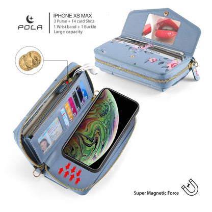 For iPhone X / XS POLA Flower Multi-functional Crossbody Zipper Wallet Leather Phone Case(Blue) - More iPhone Cases by buy2fix | Online Shopping UK | buy2fix