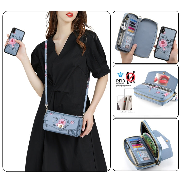 For iPhone X / XS POLA Flower Multi-functional Crossbody Zipper Wallet Leather Phone Case(Blue) - More iPhone Cases by buy2fix | Online Shopping UK | buy2fix