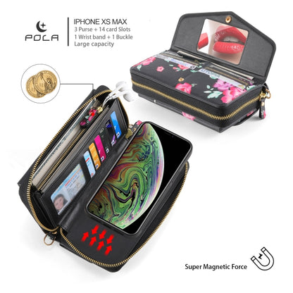For iPhone XR POLA Flower Multi-functional Crossbody Zipper Wallet Leather Phone Case(Black) - More iPhone Cases by buy2fix | Online Shopping UK | buy2fix