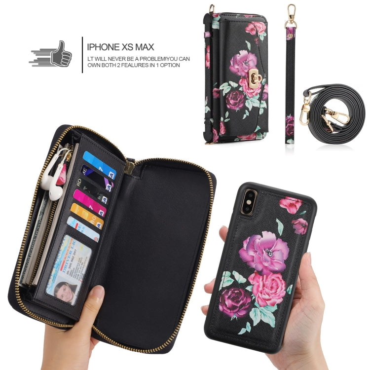 For iPhone XR POLA Flower Multi-functional Crossbody Zipper Wallet Leather Phone Case(Black) - More iPhone Cases by buy2fix | Online Shopping UK | buy2fix
