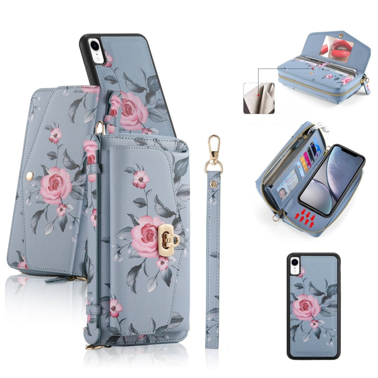 For iPhone XR POLA Flower Multi-functional Crossbody Zipper Wallet Leather Phone Case(Blue) - More iPhone Cases by buy2fix | Online Shopping UK | buy2fix