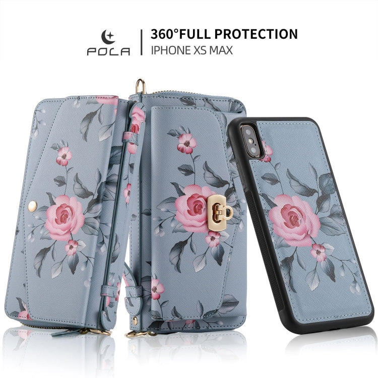 For iPhone XR POLA Flower Multi-functional Crossbody Zipper Wallet Leather Phone Case(Blue) - More iPhone Cases by buy2fix | Online Shopping UK | buy2fix