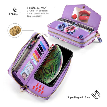 For iPhone XR POLA Flower Multi-functional Crossbody Zipper Wallet Leather Phone Case(Purple) - More iPhone Cases by buy2fix | Online Shopping UK | buy2fix