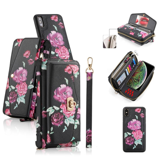 For iPhone XS Max POLA Flower Multi-functional Crossbody Zipper Wallet Leather Phone Case(Black) - More iPhone Cases by buy2fix | Online Shopping UK | buy2fix