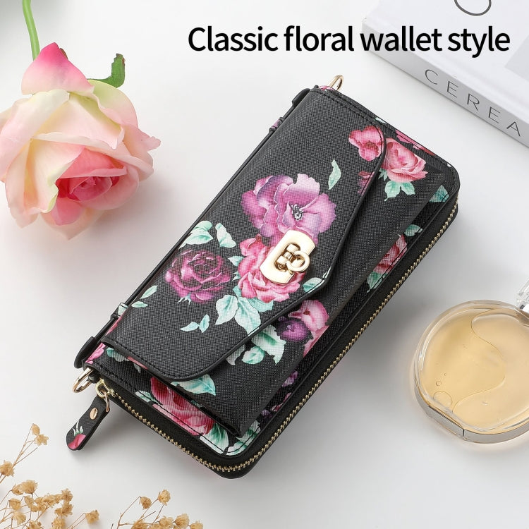 For iPhone XS Max POLA Flower Multi-functional Crossbody Zipper Wallet Leather Phone Case(Black) - More iPhone Cases by buy2fix | Online Shopping UK | buy2fix