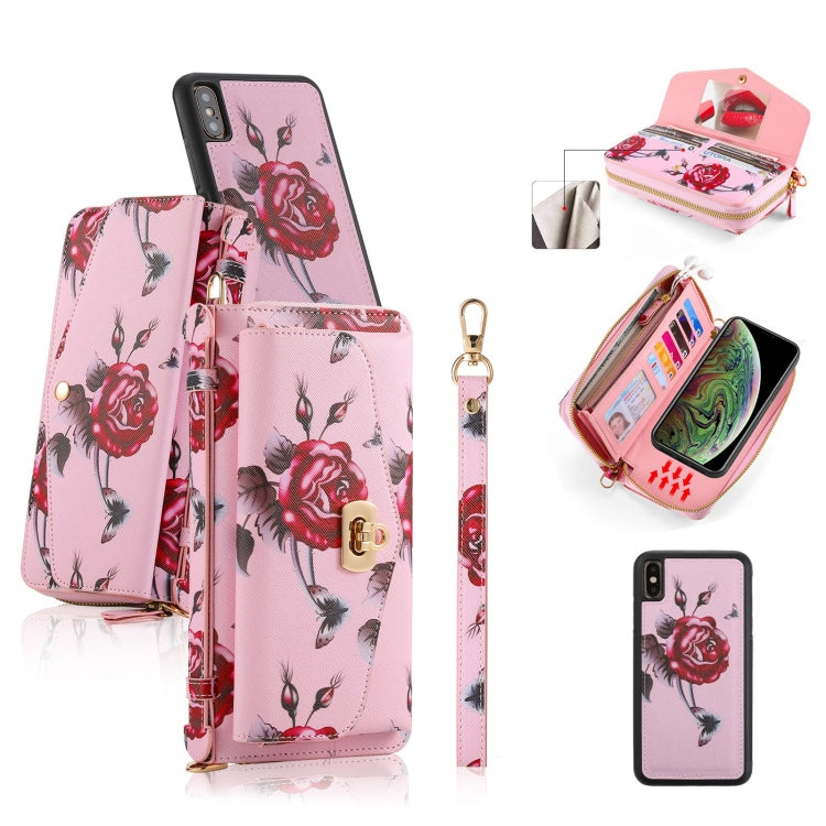 For iPhone XS Max POLA Flower Multi-functional Crossbody Zipper Wallet Leather Phone Case(Pink) - More iPhone Cases by buy2fix | Online Shopping UK | buy2fix