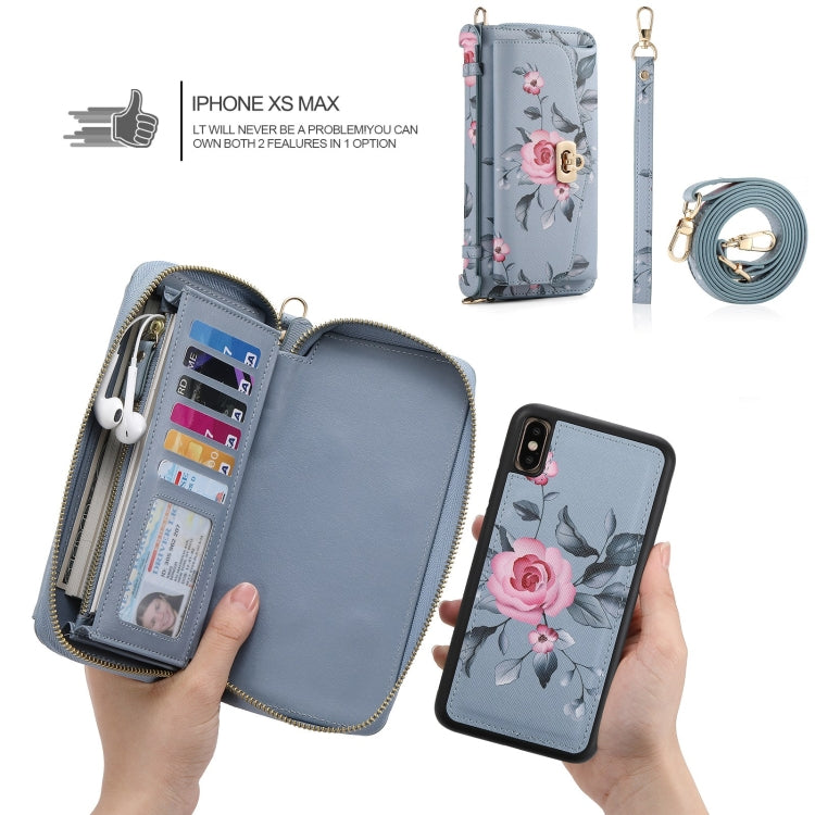 For iPhone XS Max POLA Flower Multi-functional Crossbody Zipper Wallet Leather Phone Case(Blue) - More iPhone Cases by buy2fix | Online Shopping UK | buy2fix