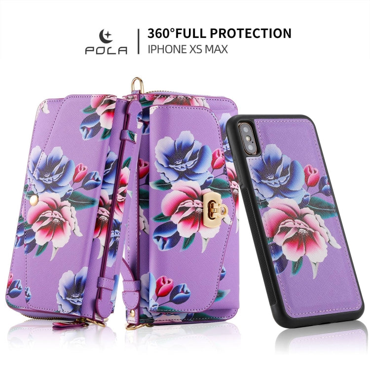 For iPhone XS Max POLA Flower Multi-functional Crossbody Zipper Wallet Leather Phone Case(Purple) - More iPhone Cases by buy2fix | Online Shopping UK | buy2fix