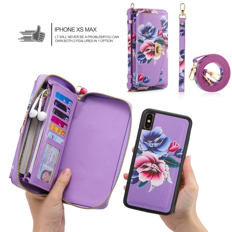 For iPhone XS Max POLA Flower Multi-functional Crossbody Zipper Wallet Leather Phone Case(Purple) - More iPhone Cases by buy2fix | Online Shopping UK | buy2fix