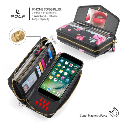 For iPhone 7 Plus / 8 Plus POLA Flower Multi-functional Crossbody Zipper Wallet Leather Phone Case(Black) - More iPhone Cases by buy2fix | Online Shopping UK | buy2fix