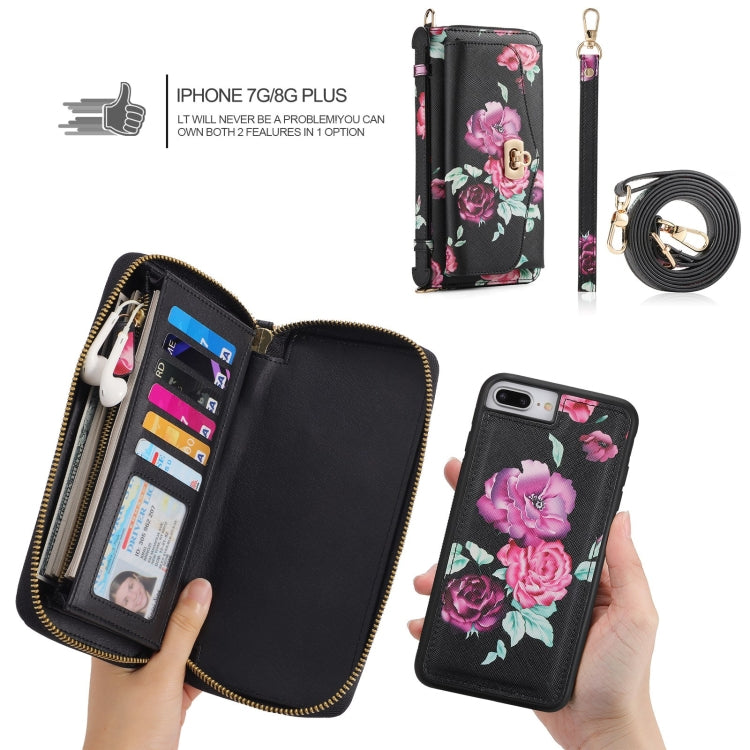 For iPhone 7 Plus / 8 Plus POLA Flower Multi-functional Crossbody Zipper Wallet Leather Phone Case(Black) - More iPhone Cases by buy2fix | Online Shopping UK | buy2fix