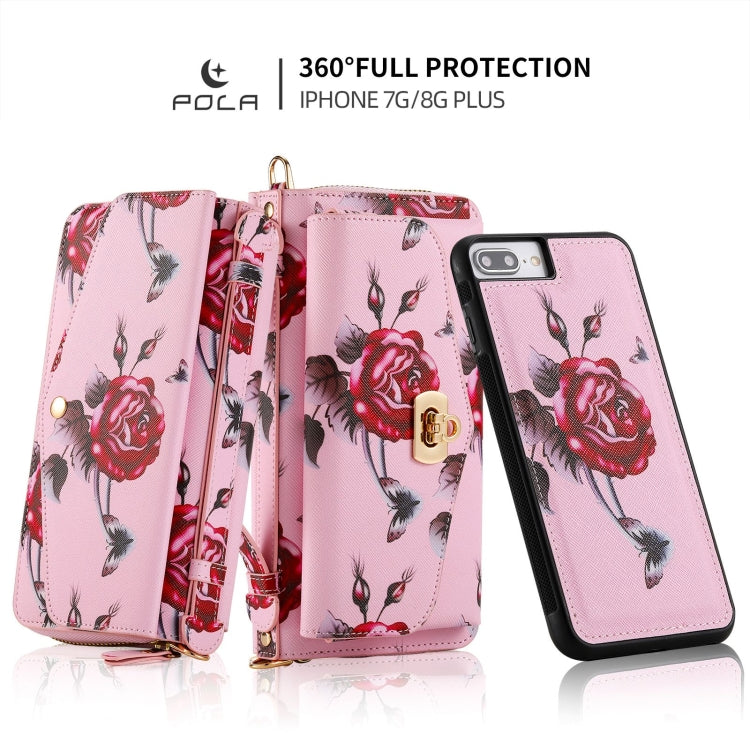 For iPhone 7 Plus / 8 Plus POLA Flower Multi-functional Crossbody Zipper Wallet Leather Phone Case(Pink) - More iPhone Cases by buy2fix | Online Shopping UK | buy2fix