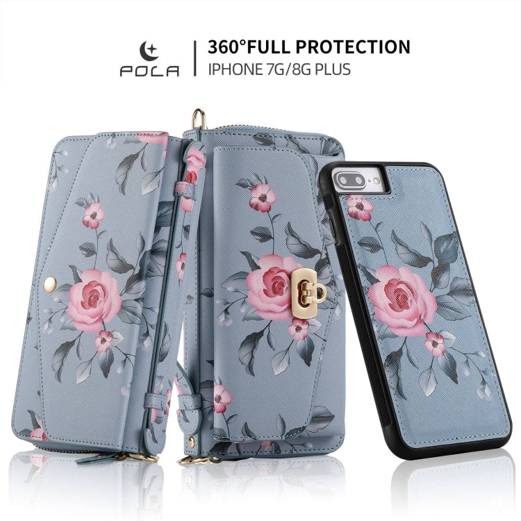 For iPhone 7 Plus / 8 Plus POLA Flower Multi-functional Crossbody Zipper Wallet Leather Phone Case(Blue) - More iPhone Cases by buy2fix | Online Shopping UK | buy2fix