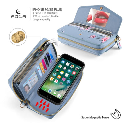 For iPhone 7 Plus / 8 Plus POLA Flower Multi-functional Crossbody Zipper Wallet Leather Phone Case(Blue) - More iPhone Cases by buy2fix | Online Shopping UK | buy2fix