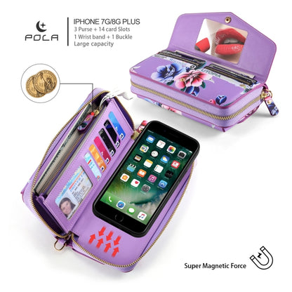 For iPhone 7 Plus / 8 Plus POLA Flower Multi-functional Crossbody Zipper Wallet Leather Phone Case(Purple) - More iPhone Cases by buy2fix | Online Shopping UK | buy2fix