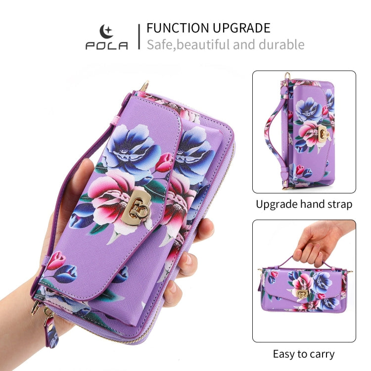 For iPhone 7 Plus / 8 Plus POLA Flower Multi-functional Crossbody Zipper Wallet Leather Phone Case(Purple) - More iPhone Cases by buy2fix | Online Shopping UK | buy2fix