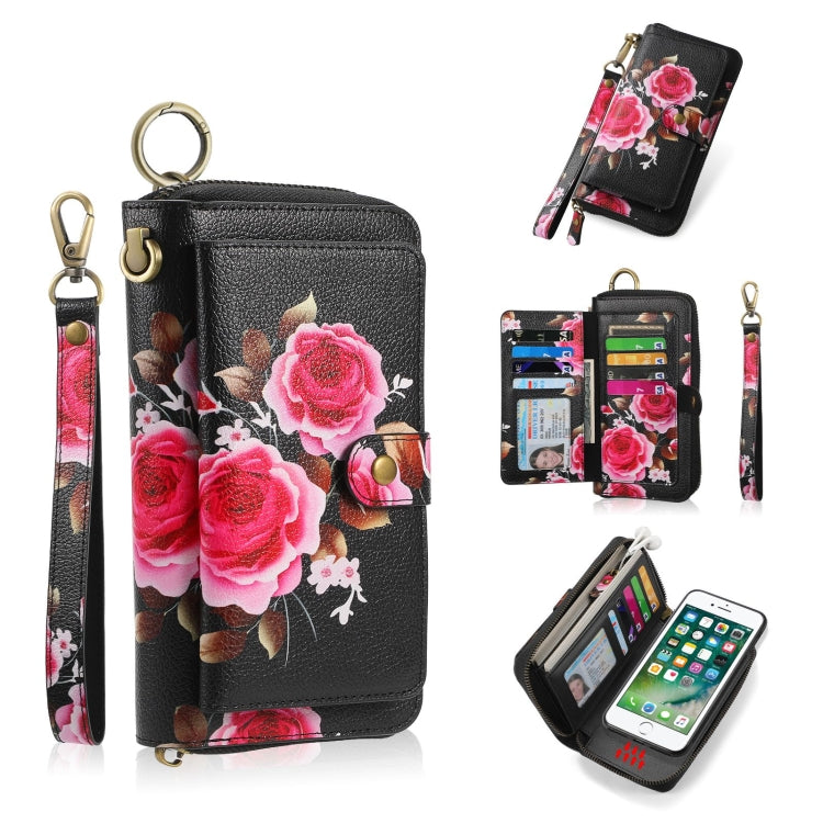 For iPhone 7 / 8 / SE 2022 POLA Flower Multi-functional Zipper Wallet Leather Phone Case(Black) - iPhone SE 2022 / 2020 / 8 / 7 Cases by buy2fix | Online Shopping UK | buy2fix